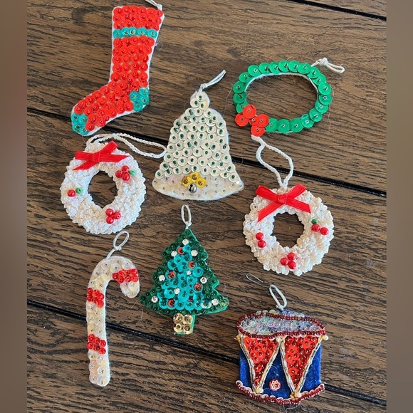 Other - Vintage Felt Sequin Christmas Ornaments Drum Candy cane Tree Wreath Stocking
